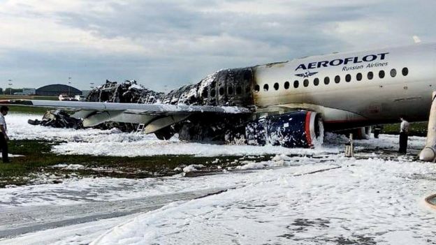 The damaged Aeroflot Sukhoi Superjet 100-95 passenger plane after an emergency landing at Moscow's Sheremetyovo airport