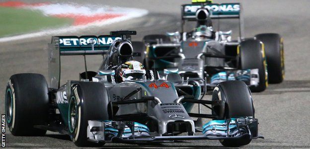 Lewis Hamilton and Mercedes team-mate Nico Rosberg battle at the 2014 Bahrain Grand Prix