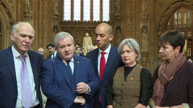 From left to right: Lib Dem leader Vince Cable, SNP Westminster leader Ian Blackford, The Independent Group MP Chuka Umunna, Plaid Cymru's Westminster leader Liz Saville-Roberts and Green Party MP Caroline Lucas