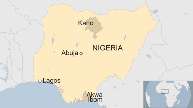 Map of Nigeria showing Akwa Ibom and Kano states