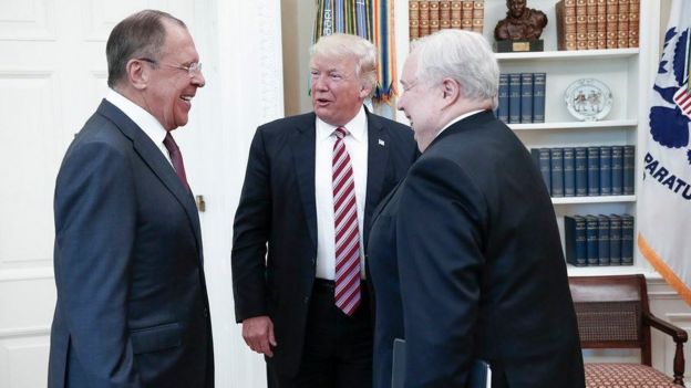 A photo made available by the Russian Foreign Ministry shows US President Donald J. Trump speaking with Russian Foreign Minister Sergei Lavrov and Russian Ambassador to the U.S. Sergei Kislyak