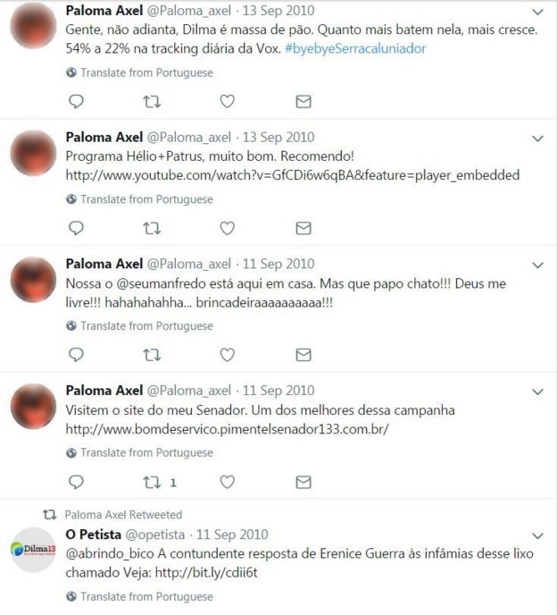 Captura de tela de perfil que apoiou Dilma em 2010 no Twitter