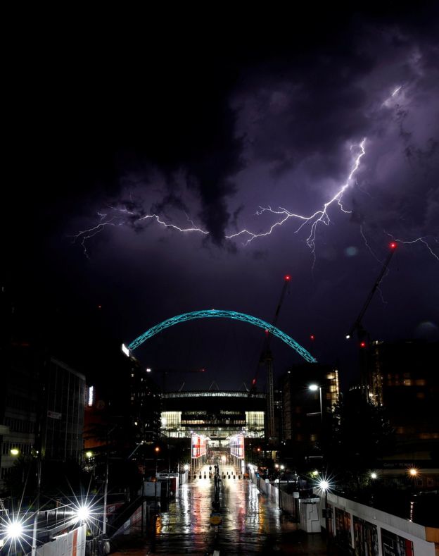 Lightning strikes above Wembley Stadium in London