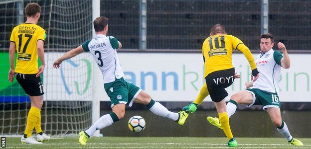 Klaemint Olsen scores for Runavik against Hibs