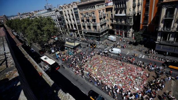 A sea of flowers and mementos marks the scene of the Barcelona attack in the Las Ramblas boulevard on 22 August 2017