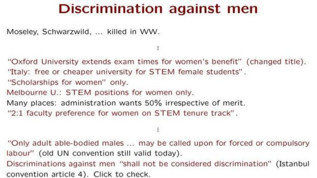 Prof Strumia claimed there were examples where men were discriminated against