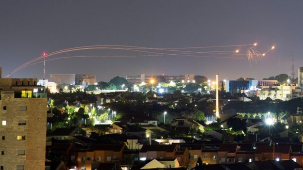 Israel's Iron Dome anti-missile system fires interceptor missiles as rockets launched from Gaza towards the Israeli city of Ashkelon (16 August 2020)