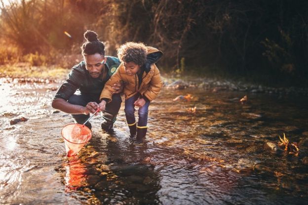 Father and son fishing in a river