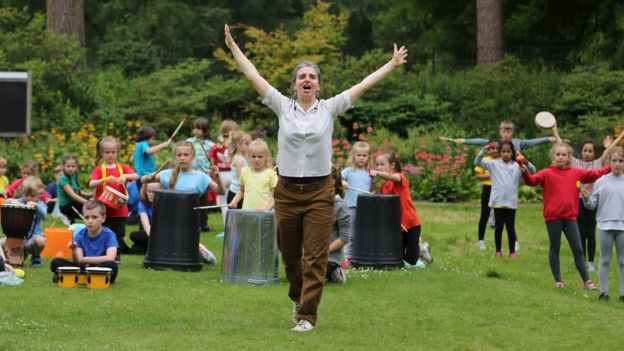 Grace Surman with children drumming at Quarry Bank Mill