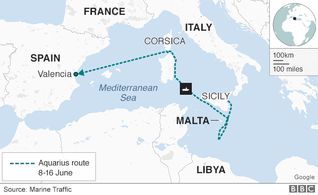 Map showing the route of the Aquarius