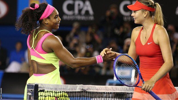 Serena Williams and Maria Sharapova shakes hands at the net after the 2015 Australian Open final