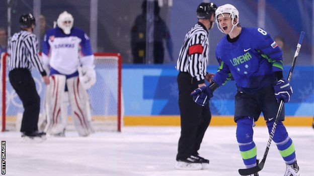 Slovenia ice hockey plays Ziga Jeglic celebrates after scoring against Slovakia