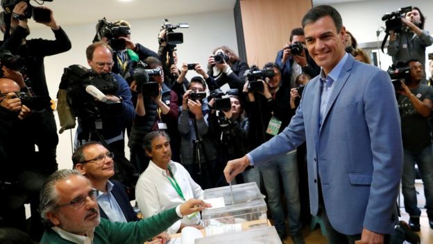 Prime Minister and Socialist Workers' Party (PSOE) candidate Pedro Sanchez casts his vote during Spain's general election