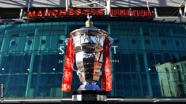 The rugby league World Cup trophy outside Old Trafford