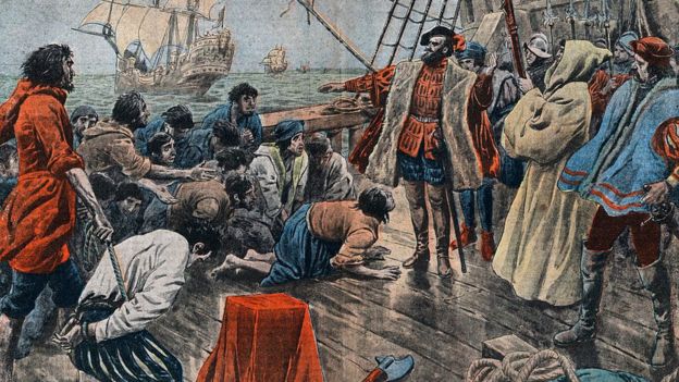 llustración de la tripulación de Magallanes jurándole lealtad tras un motín frustrado.
