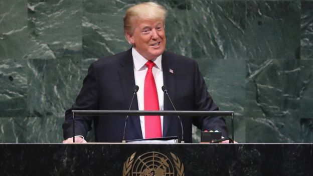 Rais wa Marekani Donald Trump akihutubia UN mwezi Septemba