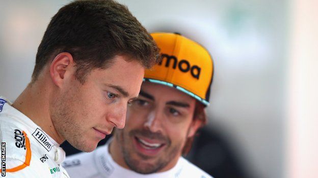 Stoffel Vandoorne and Fernando Alonso in the McLaren garage aft the Formula One Grand Prix of Germany in 2018