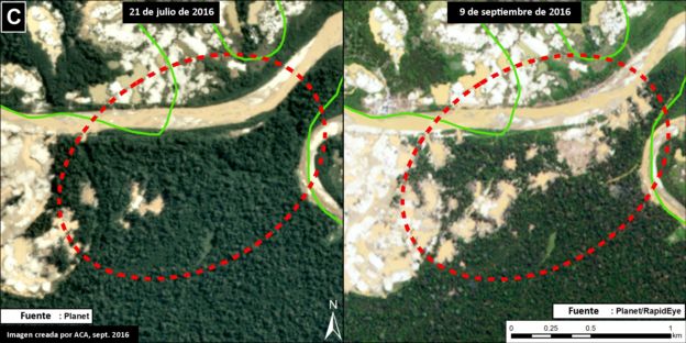 Imagen satelital de la deforestación en la Reserva Nacional de Tambopata, en Madre de Dios, Perú.