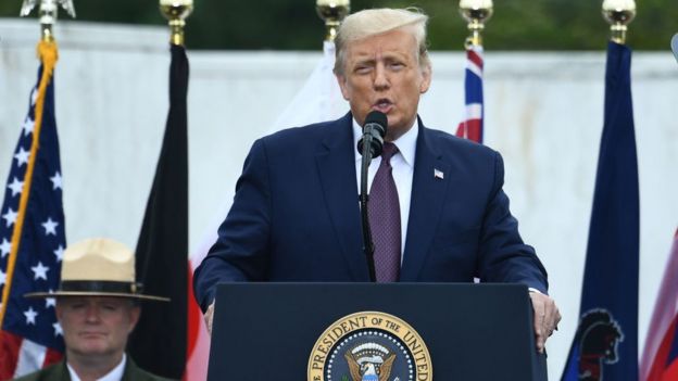 US President Donald Trump speaks at a ceremony commemorating the 19th anniversary of the 9/11 attacks, in Shanksville, Pennsylvania, on September 11, 2020