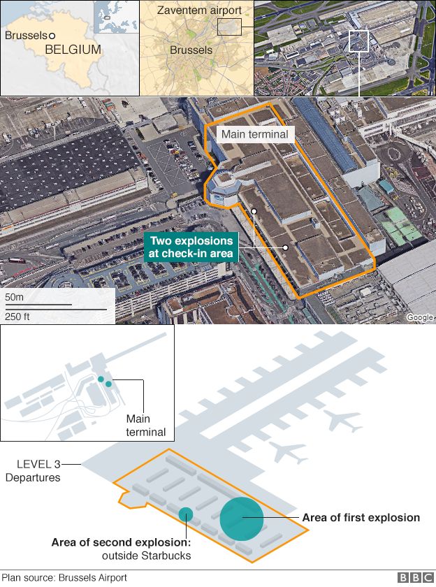 A map showing the location of two explosions at Zaventem airport, Brussels