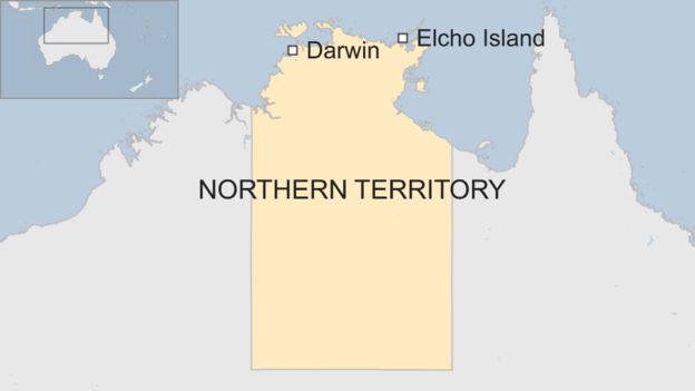 A map of Australia showing the Northern Territory, Darwin and Elcho Island