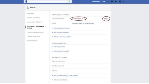 Captura de tela de configurações do Facebook