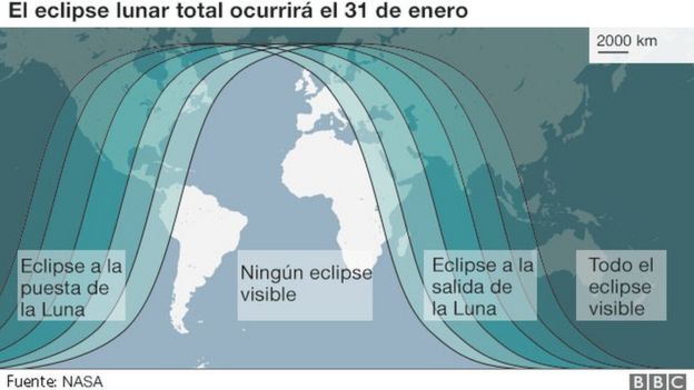 Mapa de la Tierra mostrando donde podrá verse el eclipse lunar del 31 de enero de 2018. (Imagen: NASA)