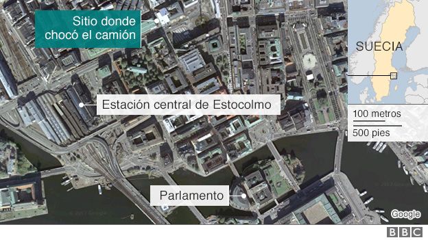 Mapa del lugar del ataque en Estocolmo