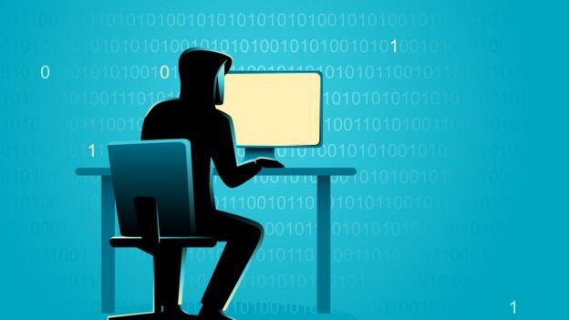 Ilustración de un pirata informático en un PC.
