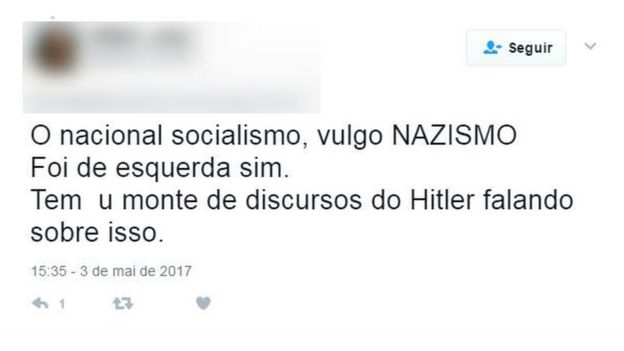 Tuíte sobre nazismo
