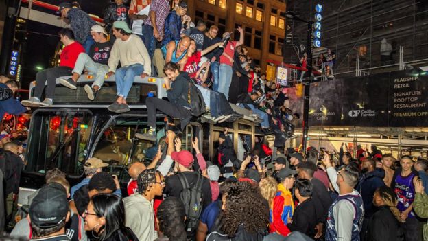 Toronto Raptors fans celebrate after the Raptors win their first NBA Championship