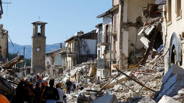 Collapsed buildings in Amatrice (24 August)