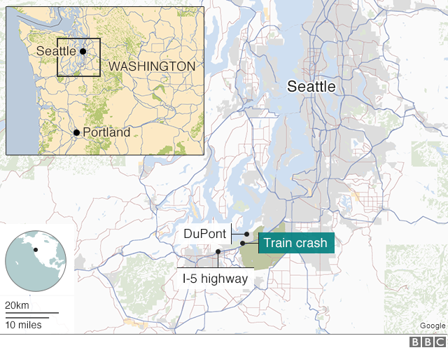 Map showing location of train crash near DuPont, Washington State