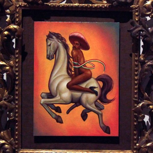 El cuadro "La Revolución" muestra a un Zapata desnudo, con tacones y sobrero rosado, sobre un caballo sexualmente excitado