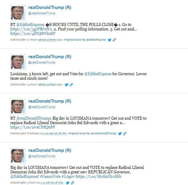Sau khi ứng cử viên Cộng hòa Eddie Rispone thất cử, ông Trump xóa tất cả những tweets kêu gọi ủng hộ ông Rispone trước đó