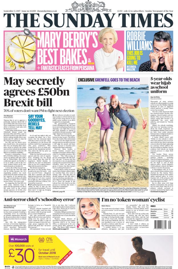 Sunday Times front page 3 September 2017