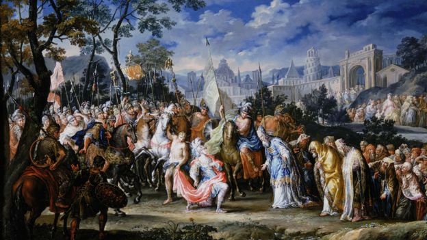 Pintura de Johan Georg Platzer (1704-1761) que muestra la llegada de Alejandro a Babilonia