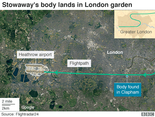 Map showing where the body was found in relation to Heathrow airport