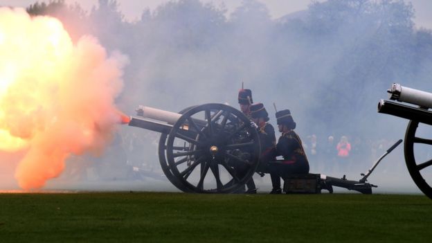 The Kings Troop Royal Horse Artillery fire a 41 gun salute from Hyde Park