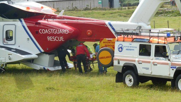 The woman was airlifted to Bronglais hospital in Aberstwyth