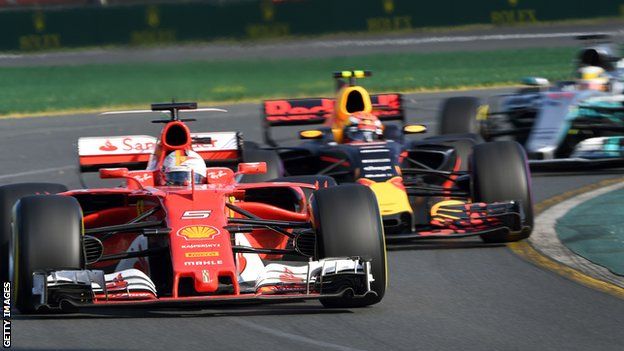 Sebastian Vettel leads the race in the 2017 Australian Grand Prix
