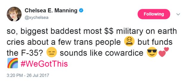 Tweet from @xychelsea: so, biggest baddest most $$ military on earth cries about a few trans people 😩 but funds the F-35? 😑 sounds like cowardice 😎💕