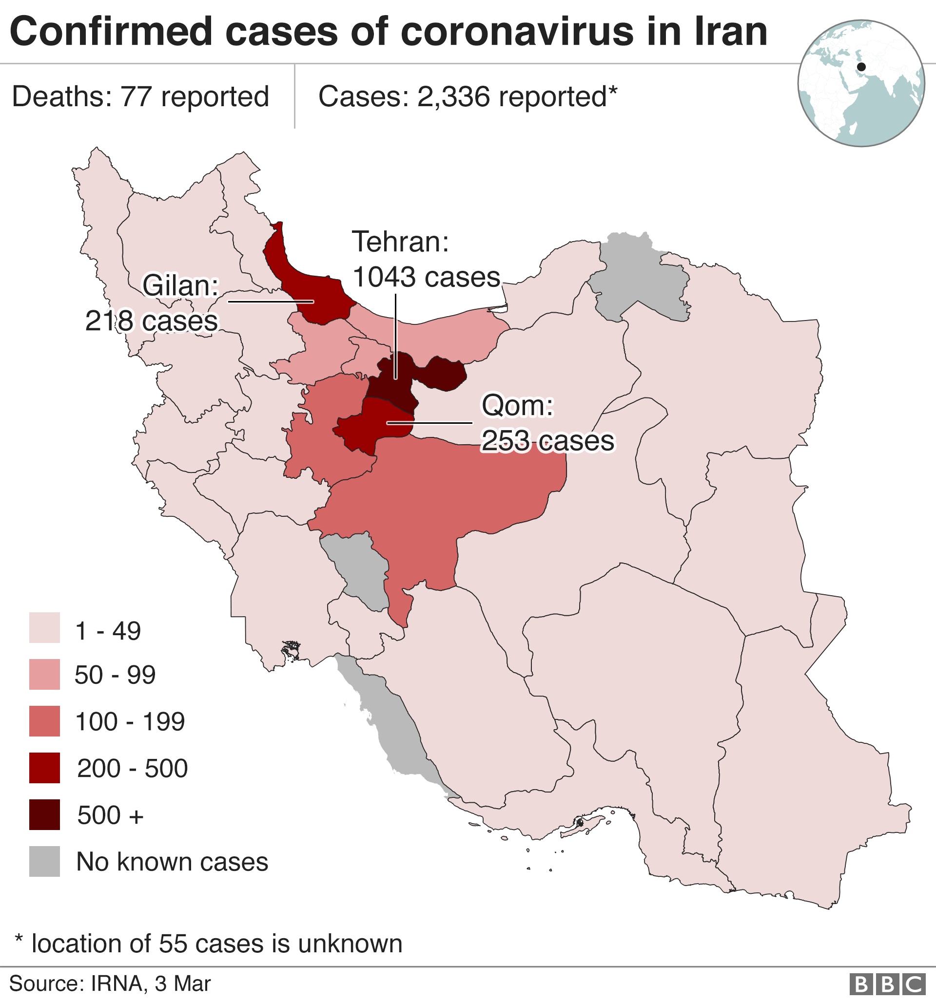 Map showing number of confirmed Covid-19 cases in Iran (3 March 2020)