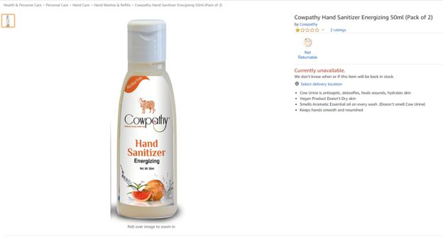 Alcohol-free 'cowpathy' hand sanitizers on Amazon