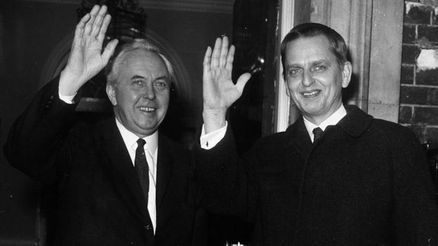 Harold Wilson and Olof Palme waving outside 10 Downing Street in 1970