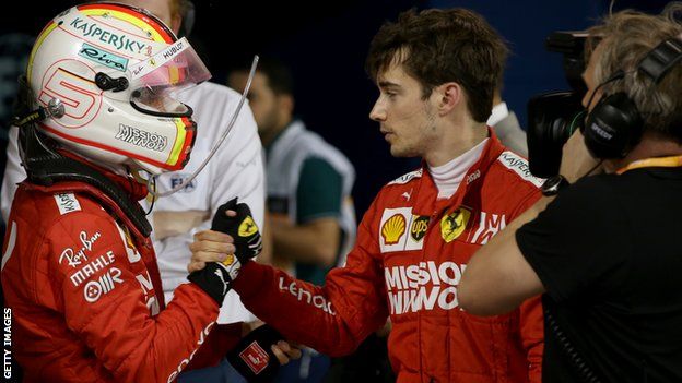 Sebastian Vettel consoles Charles Leclerc after the Bahrain Grand Prix
