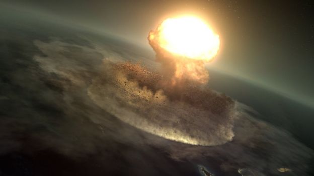Ilustração mostrando o impacto do asteroide que dizimou os dinossauros