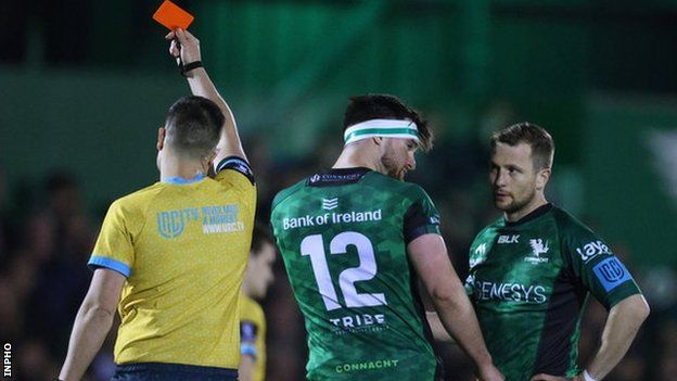 Connacht centre Tom Daly (number 12) is dismissed by referee Chris Busby