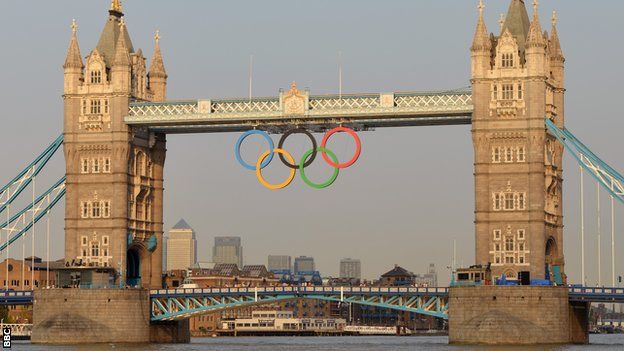 The Olympic rings hang from Tower Bridge