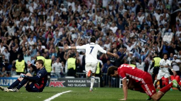 Cristiano Ronaldo celebrates a goal against Bayern Munich in 2017